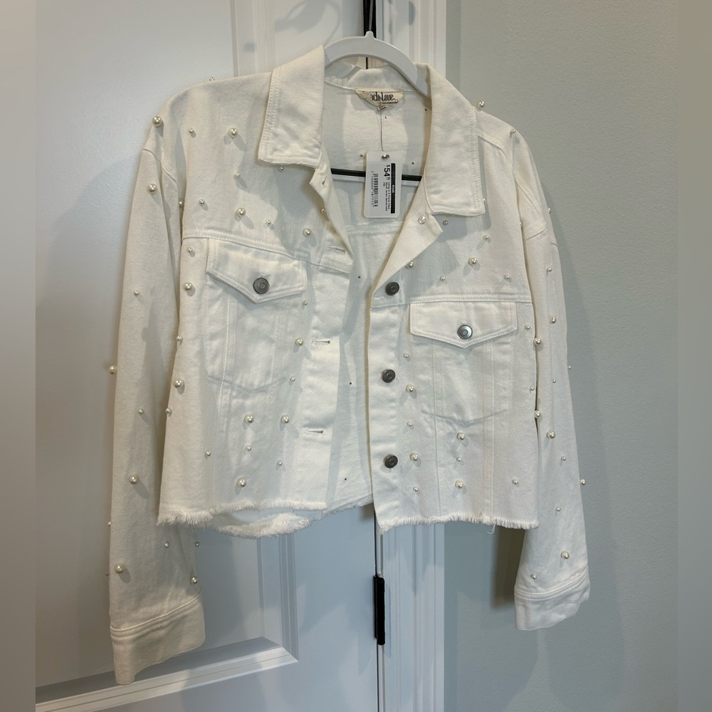 White Denim Jacket with Pearl Embellishments